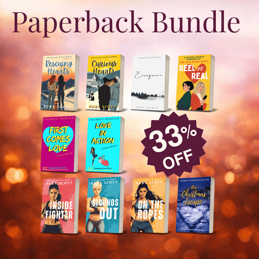 slow burn lesbian romance paperbacks collection banner image featuring multiple physical book covers, representing a lesbian romance book, lesbian love story, and lesbian fiction by lesbian romance author Ruby Scott and lesbian romance fiction author Ruby Scott.