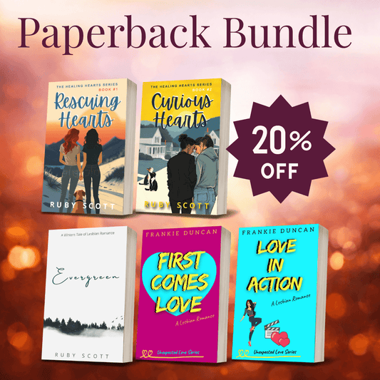 Slow burn lesbian romance paperbacks collection banner image featuring multiple physical book covers, representing a lesbian romance book, lesbian love story, and lesbian fiction by lesbian romance author Ruby Scott and lesbian romance fiction author Ruby Scott.