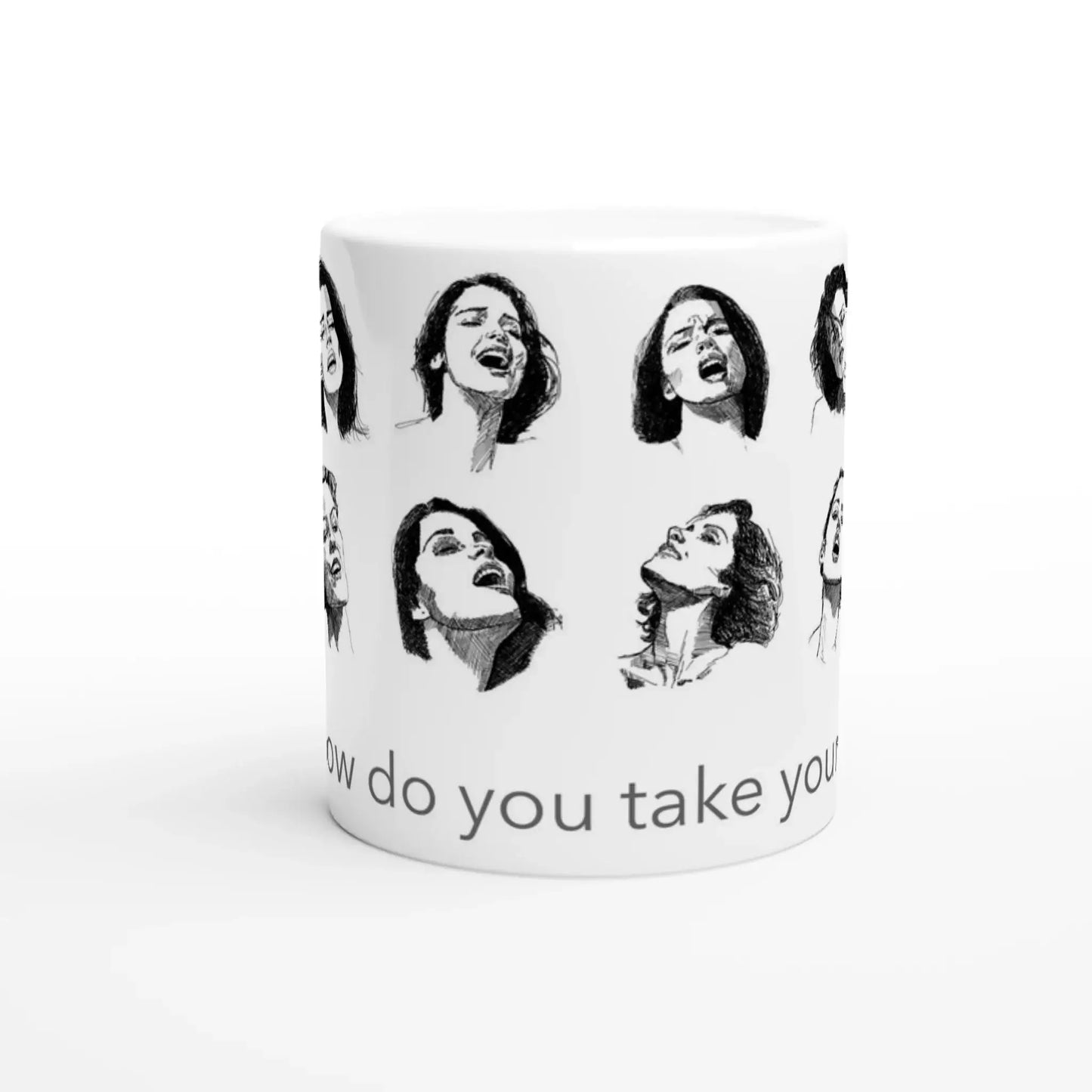 Close-up of a smut reader mug showing a grid of expressive black and white illustrated faces with the phrase “How do you take yours?” wrapping around the mug.