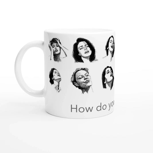 O — How Do You Take Yours? White Ceramic Mug featuring original ink studies from Ruby Scott's collection.