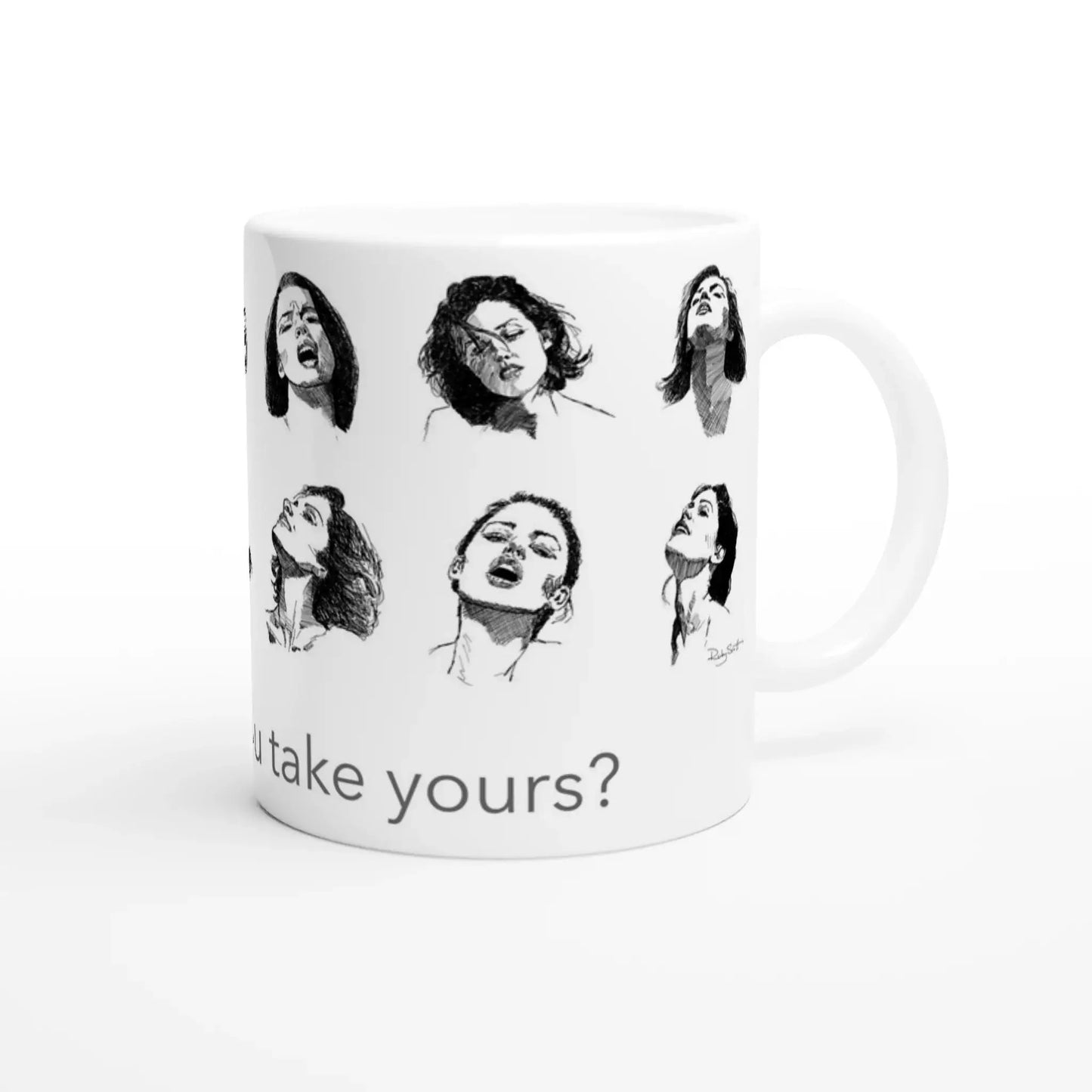 Smut reader mug featuring expressive illustrated faces and the phrase “How do you take yours?”, shown in a clean studio mock-up with the handle on the right.