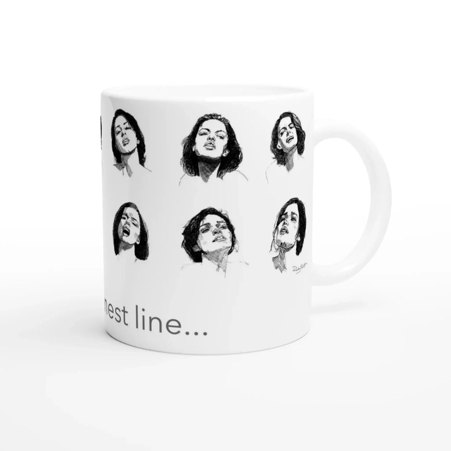 Smut reader mug with black and white illustrated faces and partial text reading “the thin…”, shown on a white background with the handle on the left.
