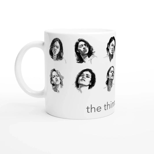 White Ceramic Mug featuring ink studies of women expressing strength and emotion, captured in Ruby Scott's O collection.