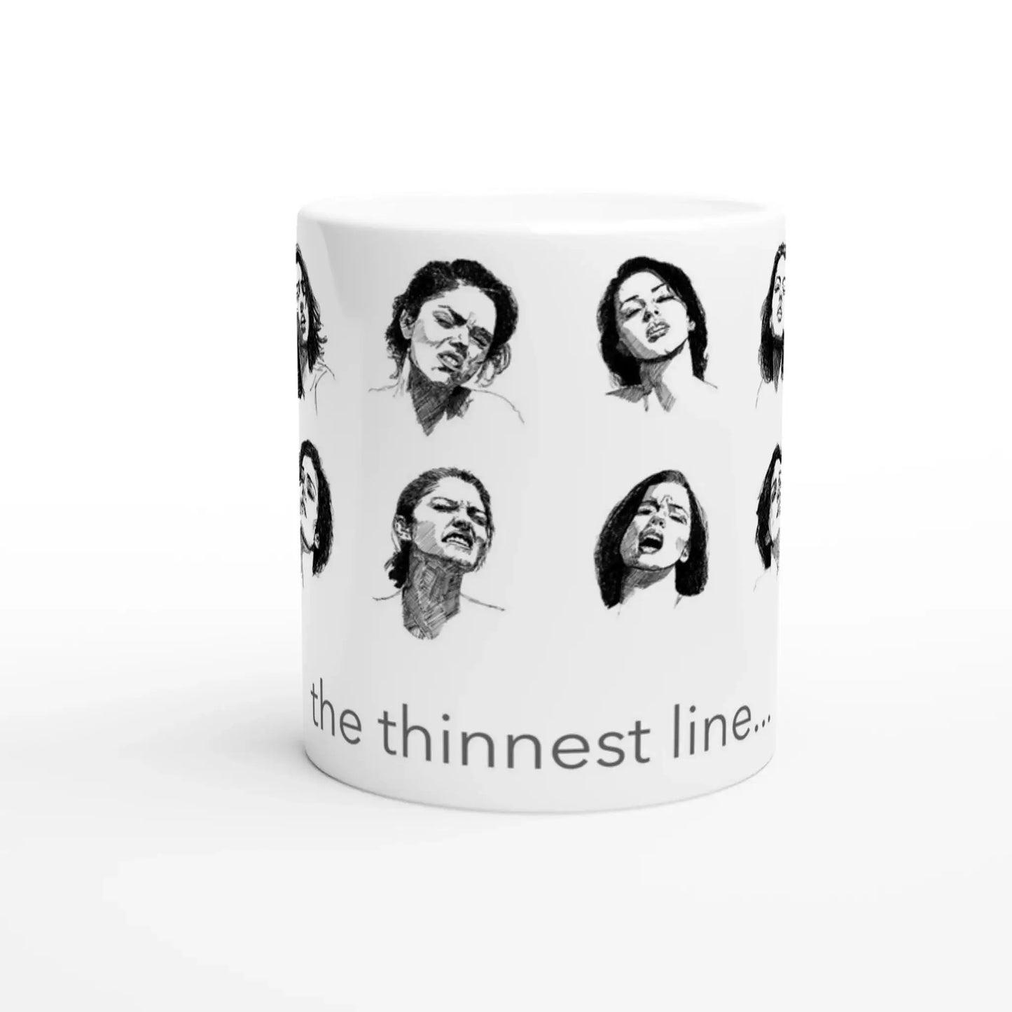 Smut reader mug with black and white illustrated faces and partial text reading “the thinnest line…”, shown on a white background with the handle on the right.