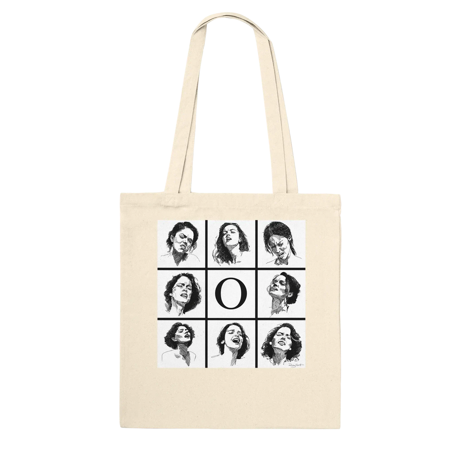 Smut reader tote bag with black and white erotic sketch collage of women’s faces and a large letter O in the centre on a natural canvas tote.