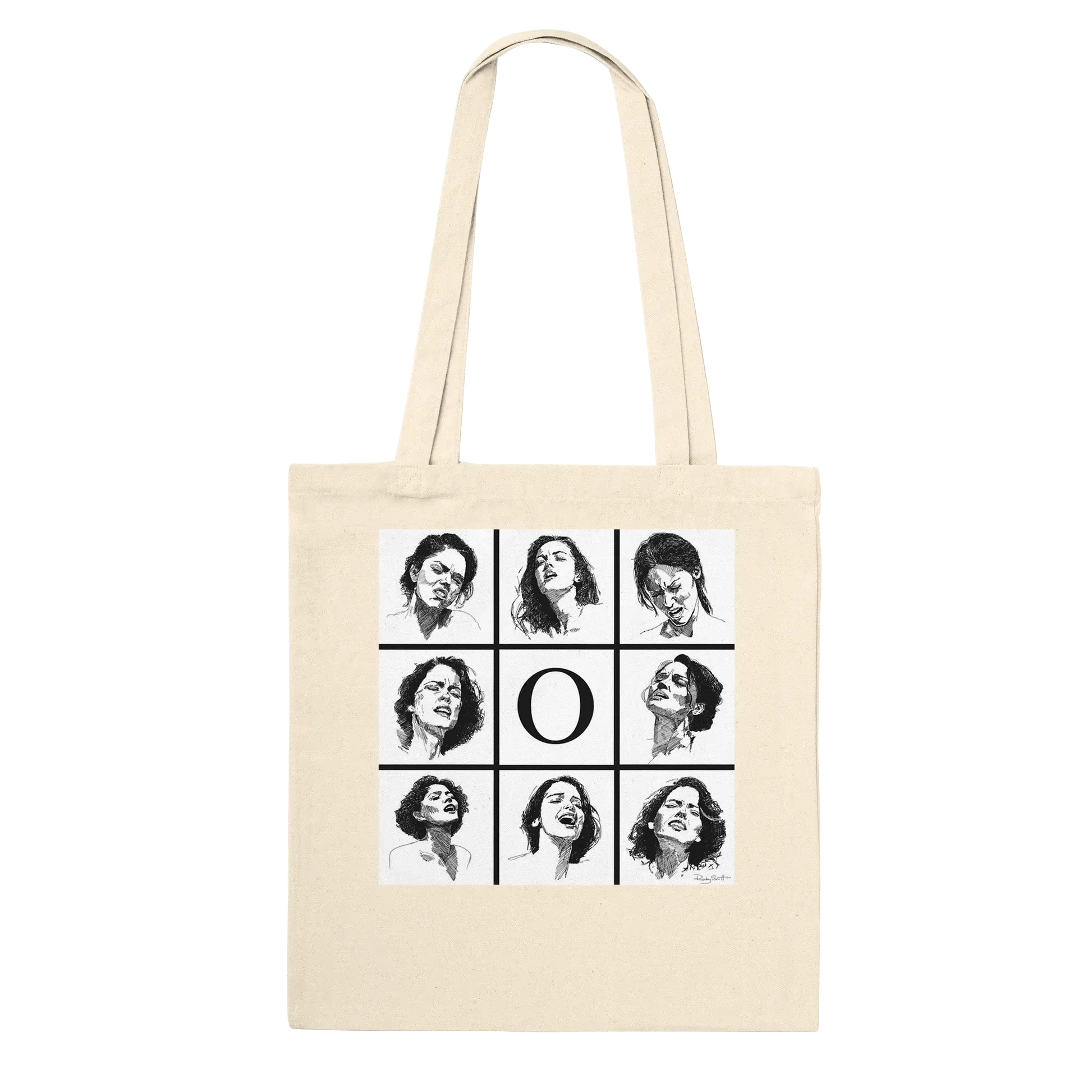 Smut reader tote bag with black and white erotic sketch collage of women’s faces and a large letter O in the centre on a natural canvas tote.