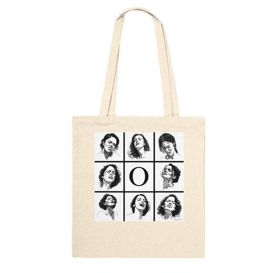 O - Tote featuring eight original ink studies in a bold grid, showcasing the premium natural bag design.
