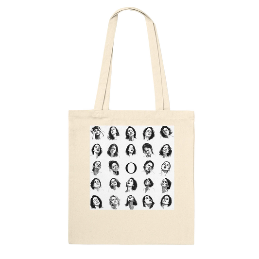 Smut reader tote bag featuring a black and white erotic sketch grid of women’s faces with a large letter O in the centre on a natural canvas tote.