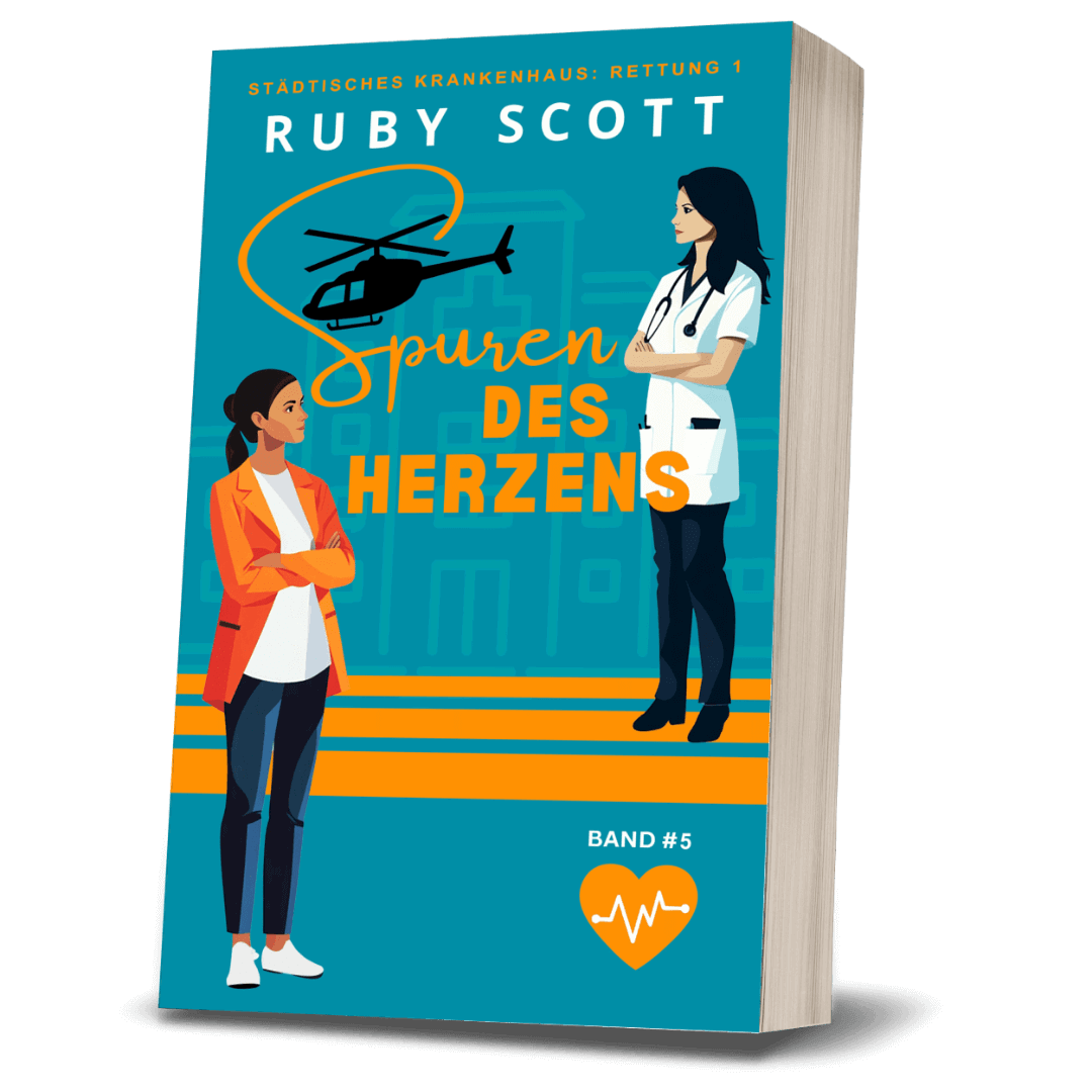 3D paperback mockup of Spuren des Herzens by Ruby Scott, a lesbian romance book and lesbian love story featuring two women facing each other with a rescue helicopter above, symbolising emotional tension in lesbian fiction by lesbian romance author Ruby Scott and lesbian romance fiction author Ruby Scott. Lesbischer Arztroman 