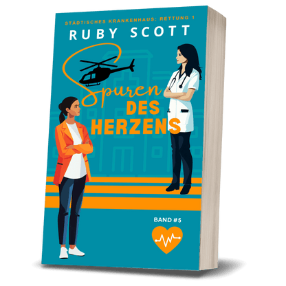 3D paperback mockup of Spuren des Herzens by Ruby Scott, a lesbian romance book and lesbian love story featuring two women facing each other with a rescue helicopter above, symbolising emotional tension in lesbian fiction by lesbian romance author Ruby Scott and lesbian romance fiction author Ruby Scott. Lesbischer Arztroman 