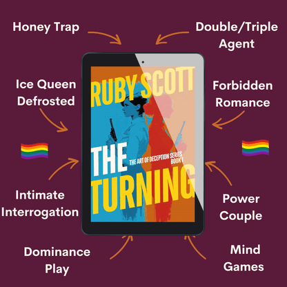 steamy lesbian spy thriller The Turning story tropes graphic featuring key themes and relationship dynamics, representing a lesbian romance book, lesbian love story, and lesbian fiction by lesbian romance author Ruby Scott and lesbian romance fiction author Ruby Scott.
