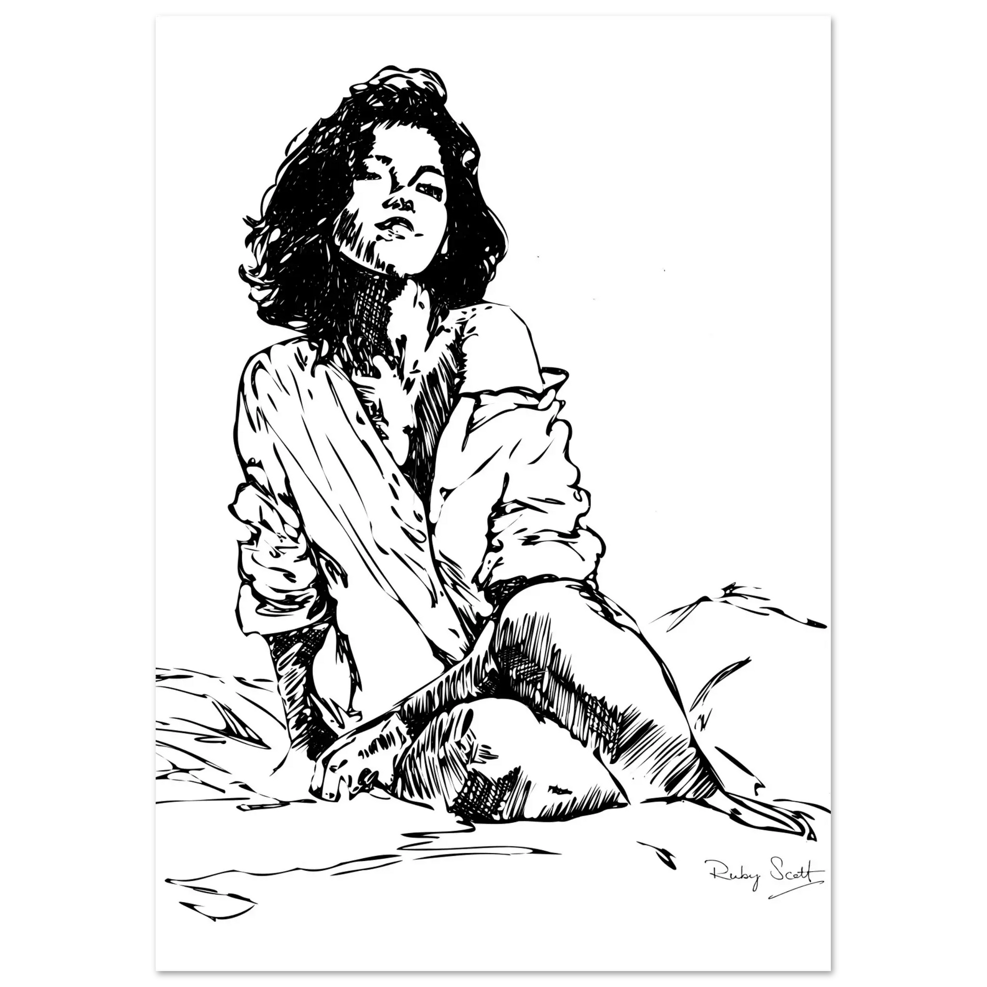 Black and white steamy sapphic art print depicting intimate lesbian connection and soft sensuality, minimalist ink illustration celebrating tenderness and emotional closeness, lesbian romance book and lesbian love story inspired Sapphic Fine Art , lesbian fiction art by lesbian romance author Ruby Scott and lesbian romance fiction author Ruby Scott.