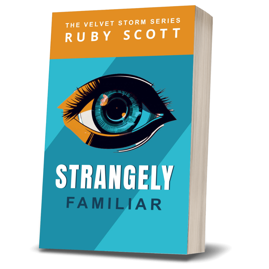 Supernatural lesbian romance thriller romance book cover image featuring the paperback edition of Strangely Familiar by Ruby Scott, representing a lesbian romance book, lesbian love story, and lesbian fiction by lesbian romance author Ruby Scott and lesbian romance fiction author Ruby Scott.