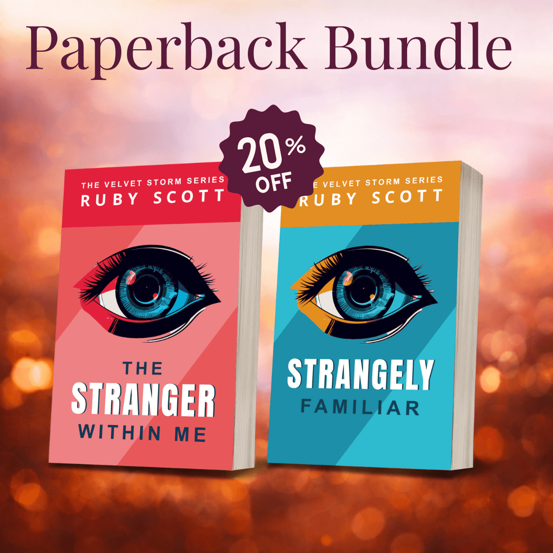 Psychological lesbian thriller paperbacks collection banner image featuring multiple physical book covers, representing a lesbian romance book, lesbian love story, and lesbian thriller fiction by lesbian romance author Ruby Scott and lesbian romance fiction author Ruby Scott.