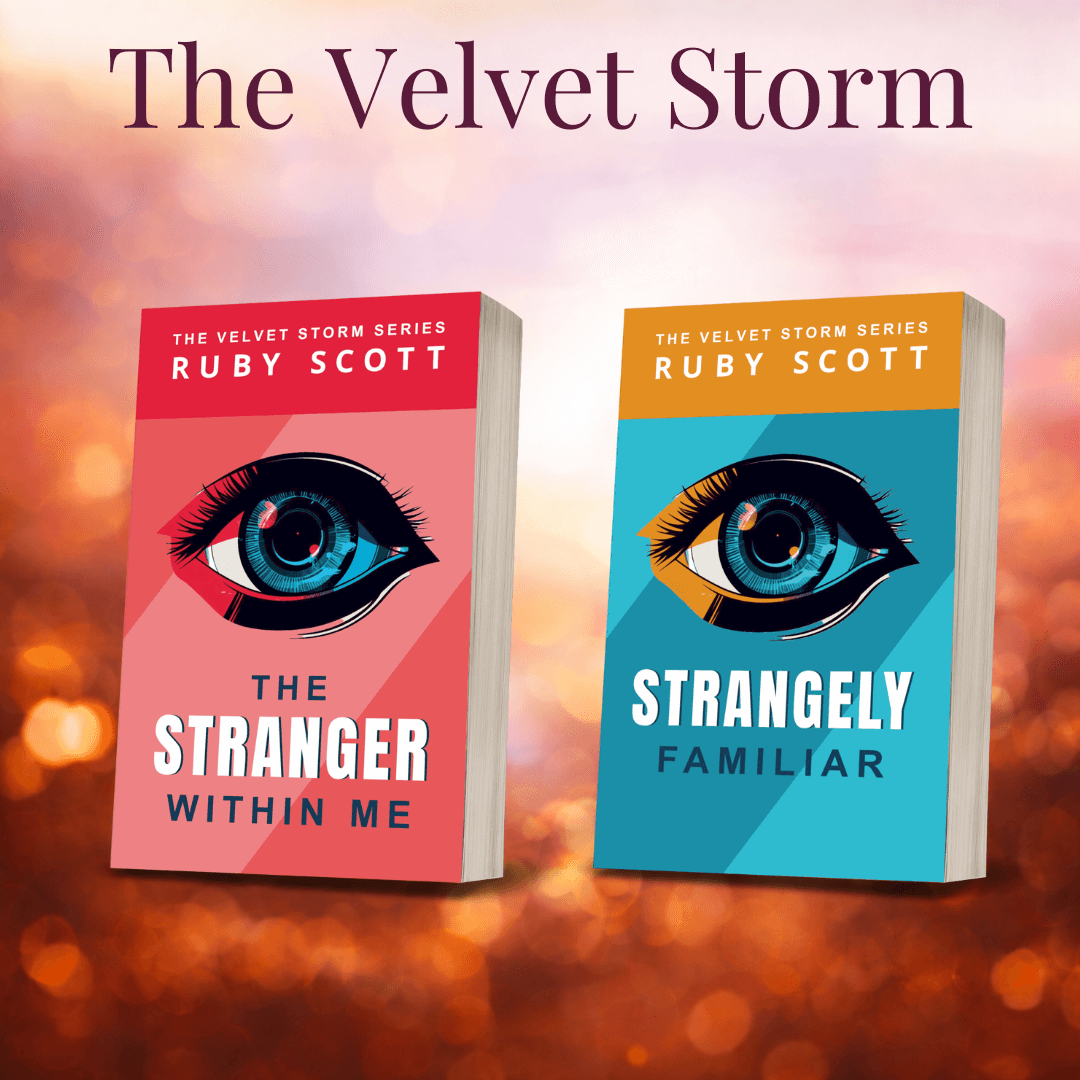 supernatural lesbian romance paperback bundle collection image featuring book covers from The Velvet Storm series including The Stranger Within Me and Strangely Familiar, representing a lesbian romance book, lesbian love story, and lesbian fiction by lesbian romance author Ruby Scott and lesbian romance fiction author Ruby Scott.