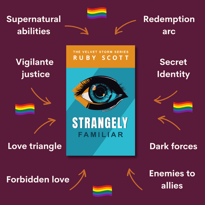 supernatural lesbian romance thriller story tropes graphic for Strangely familair featuring key themes and relationship dynamics, representing a lesbian thriller book, lesbian love story, and lesbian thriller fiction by lesbian romance author Ruby Scott and lesbian romance fiction author Ruby Scott.
