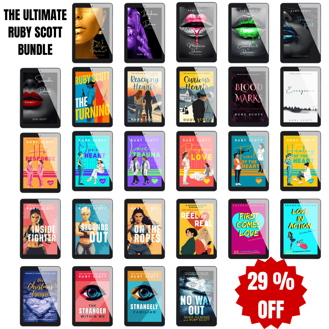 The Ultimate Ruby Scott Bundle promotional graphic showing multiple eBook covers from slow burn lesbian fiction author Ruby Scott, including her bestselling slow burn lesbian romance books and lesbian love stories, with a red 29% off discount badge.