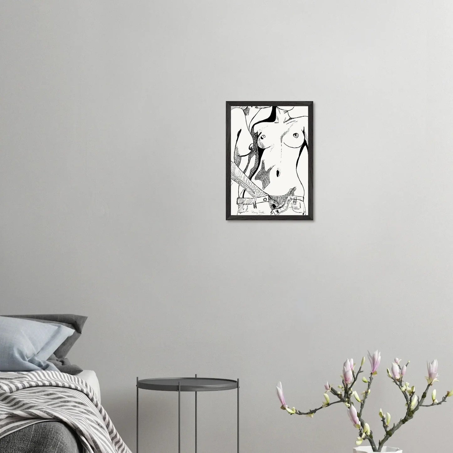 Black and white The Slow slide sapphic art print depicting gentle sapphic desire expressed through minimalist line art, framed fine art wall display celebrating lesbian intimacy, lesbian romance book and lesbian love story inspired artwork, lesbian fiction art by lesbian romance author Ruby Scott and lesbian romance fiction author Ruby Scott.
