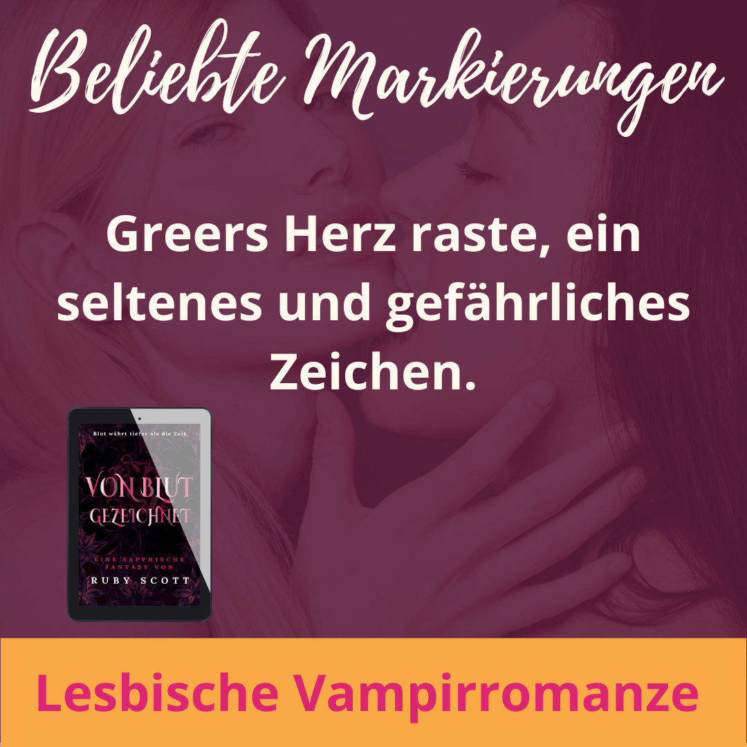 German quote graphic for Von Blut Gezeichnet featuring an intimate sapphic vampire moment and highlighted text, emotional lesbian romance book scene, intense lesbian love story with supernatural danger, gothic lesbian fiction by lesbian romance author Ruby Scott and lesbian romance fiction author Ruby Scott. lesbische romantasy