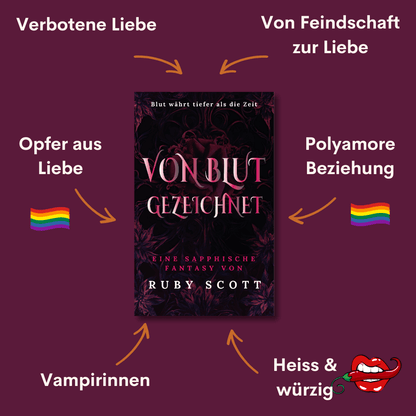 German trope explainer graphic for Von Blut Gezeichnet showing forbidden love, enemies to lovers, polyamorous relationship and vampires, sapphic fantasy lesbian romance book themes, passionate lesbian love story elements, supernatural lesbian fiction by lesbian romance author Ruby Scott and lesbian romance fiction author Ruby Scott. lesbische romantasy