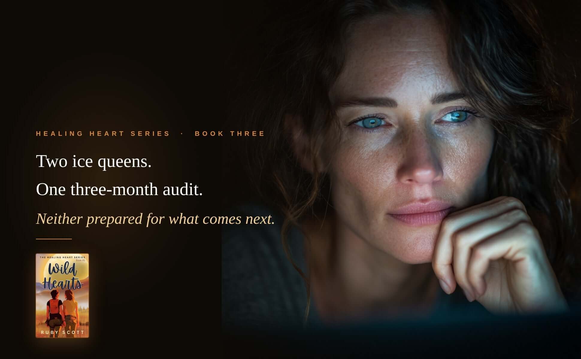 Promotional image for a book titled 'Wild Hearts' with a woman's face and text overlay.
