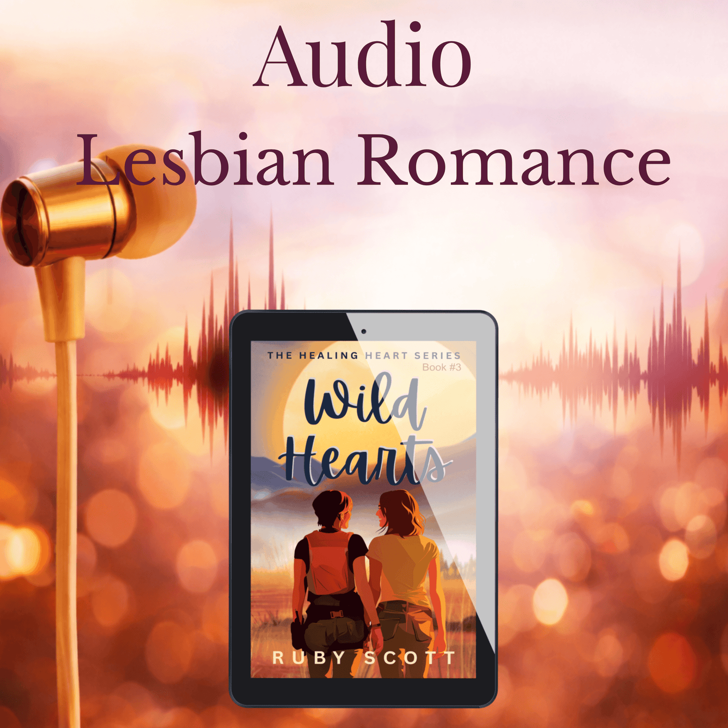 Wild Hearts: Ice Queen Lesbian Romance audiobook cover featuring two women, headphones, and serene background.