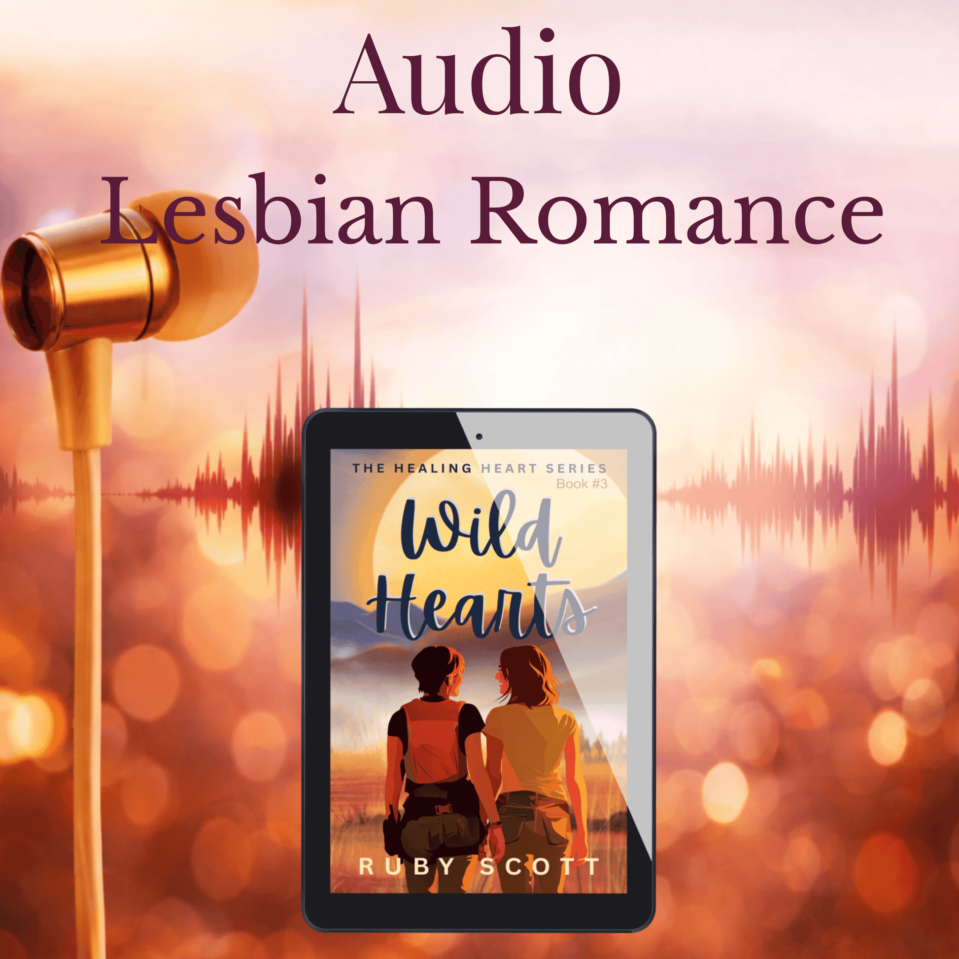Wild Hearts: Ice Queen Lesbian Romance audiobook cover featuring two women, headphones, and serene background.