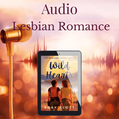Wild Hearts: Ice Queen Lesbian Romance audiobook cover featuring two women, headphones, and serene background.