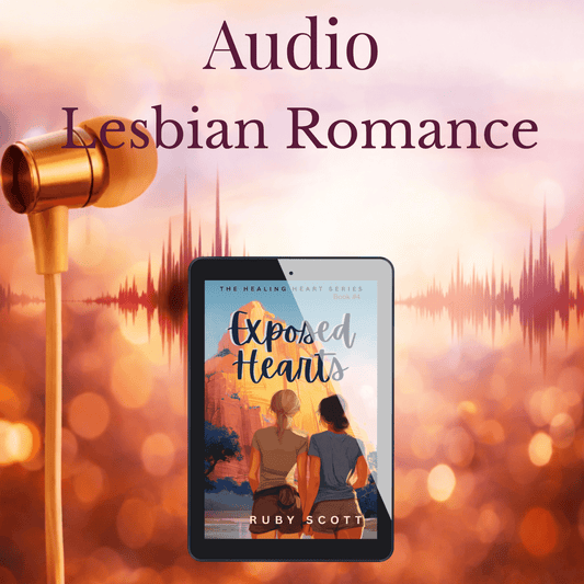 Audio cover for Exposed Hearts audiobook, showcasing steamy lesbian romance with vibrant background.